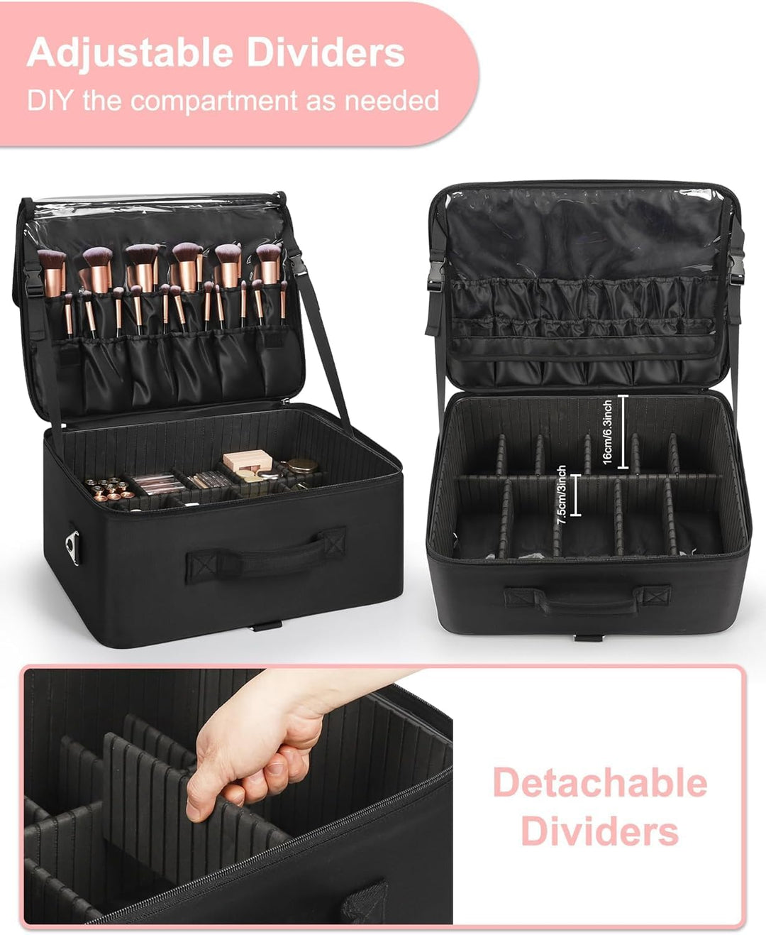 Relavel XXL Make-up-Koffer, Professioneller Kosmetik-Organizer mit Pinselhalter, 4 durchsichtigen Ta