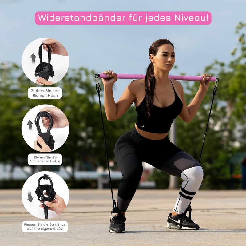 Breaking Limits Pilates Bar Set - Längenverstellbare Fitness Stange + 6 Widerstandsbänder - Ganzkörp