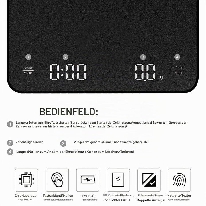 Wiederaufladbare Coffee Scale Espresso Waage Digitale Kaffeewaage mit Timer Multifunktionale Küchenw