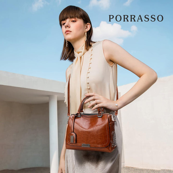 PORRASSO Retro Handtasche Damen Umhängetaschen Frauen Schultertaschen PU-Leder Henkeltasche für Arbe
