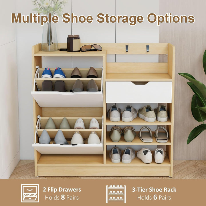 HOMCOM Schuhschrank mit 2 Klappen, Multifunktional Schuhkipper, Schuhregal mit offenen Fächern, vers