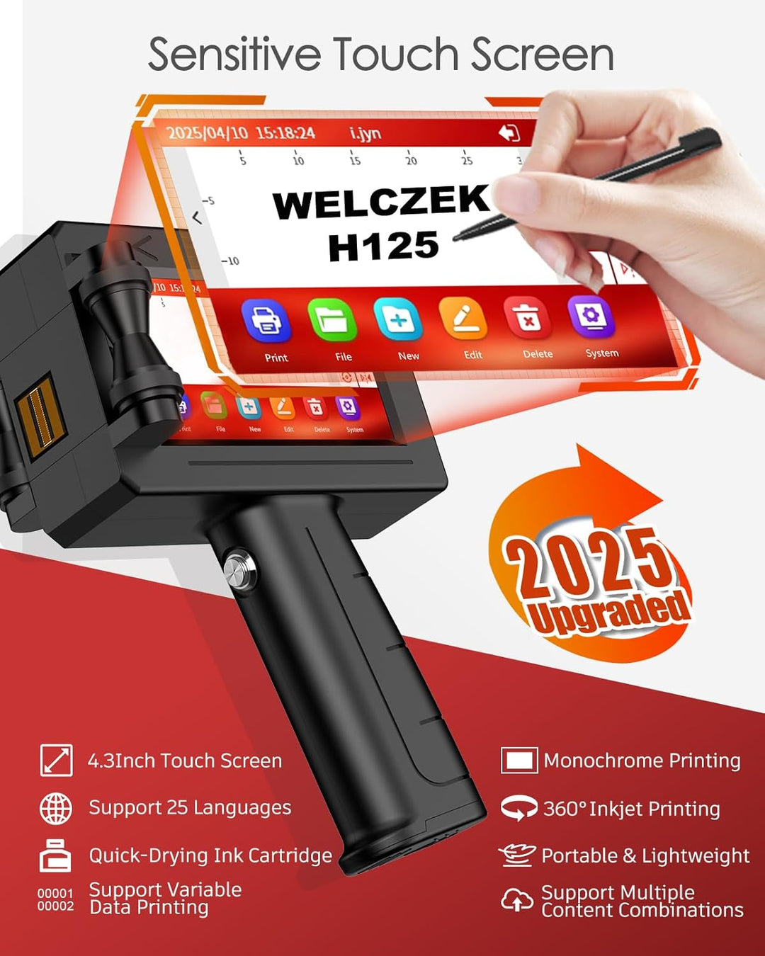 H125 Tragbarer Handdrucker - Hand Tintenstrahldrucker von Texten/Logos/QR-Codes/Strichcodes/Datum/Se