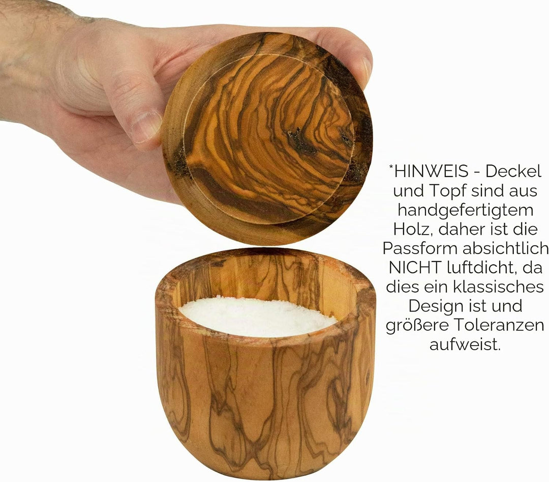 Tramanto Olive Wood Salt Box and Pot, Holds Salt for Easy Pinch, Classic Wood Design by Thirteen Che