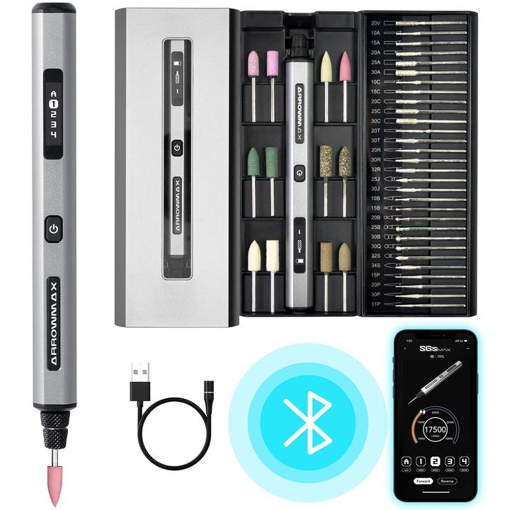 Elektrischer Mini-Gravierstift von ARROWMAX, HollowCup-Motor, 42 Bits mit Aluminiumgehäuse, OLED, ma