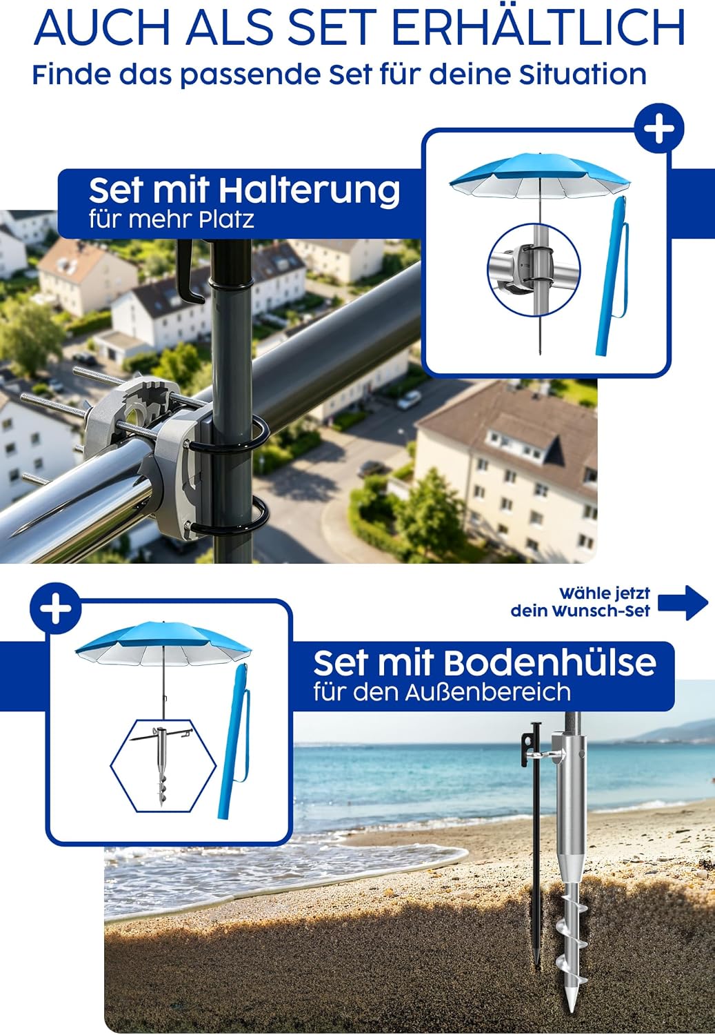 4smile Sonnenschirm Strand SunnyJoy - UPF 50+ Strandschirm Ø 180 cm, sicherer Sonnenschutz Strand, S