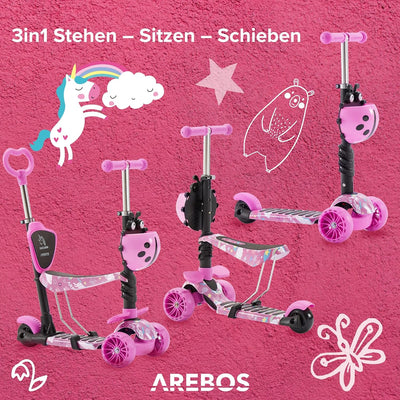 Arebos 3-in-1 Kinderroller mit Rückenlehne für Jungen & Mädchen | Cityroller Tretroller Scooter höhe