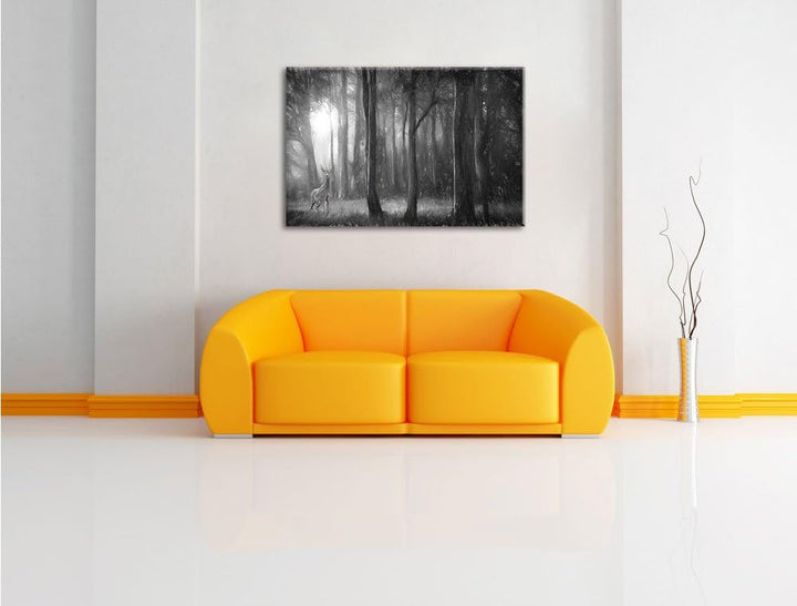 Pixxprint Einsamer Hirsch im tiefen Wald Kunst Kohle Effekt, Format: 100x70 auf Leinwand, XXL riesig