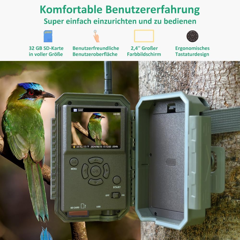 GardePro E8 Wildkamera WLAN mit 32 GB SD-Karte, 64MP H.264 1296P Video, 27m Infrarot Nachtsicht Bewe