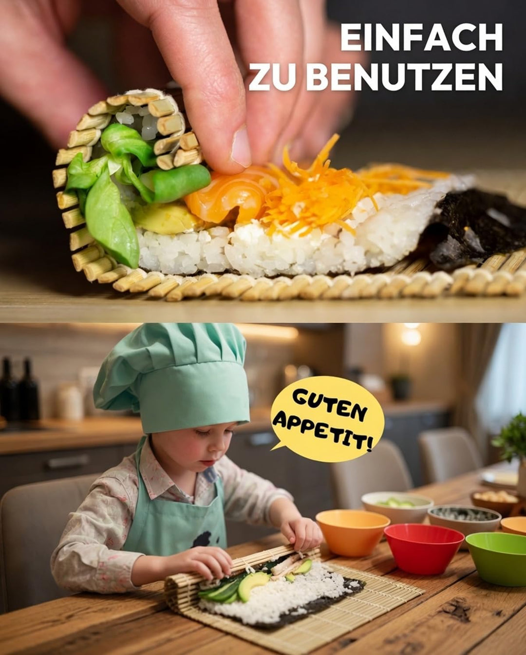 Sushi Set 14-teilig - Bambus Sushi Maker Kit Rollmatte für Anfänger - 2 Matten, 3 Paar Essstäbchen m