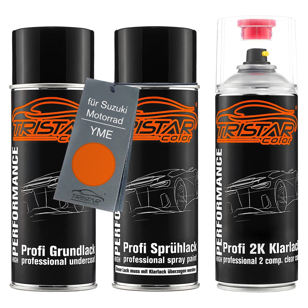 TRISTARcolor Motorradlack 2K Spraydosen Set für Suzuki Motorrad YME Candy Max Orange Grundlack Basis