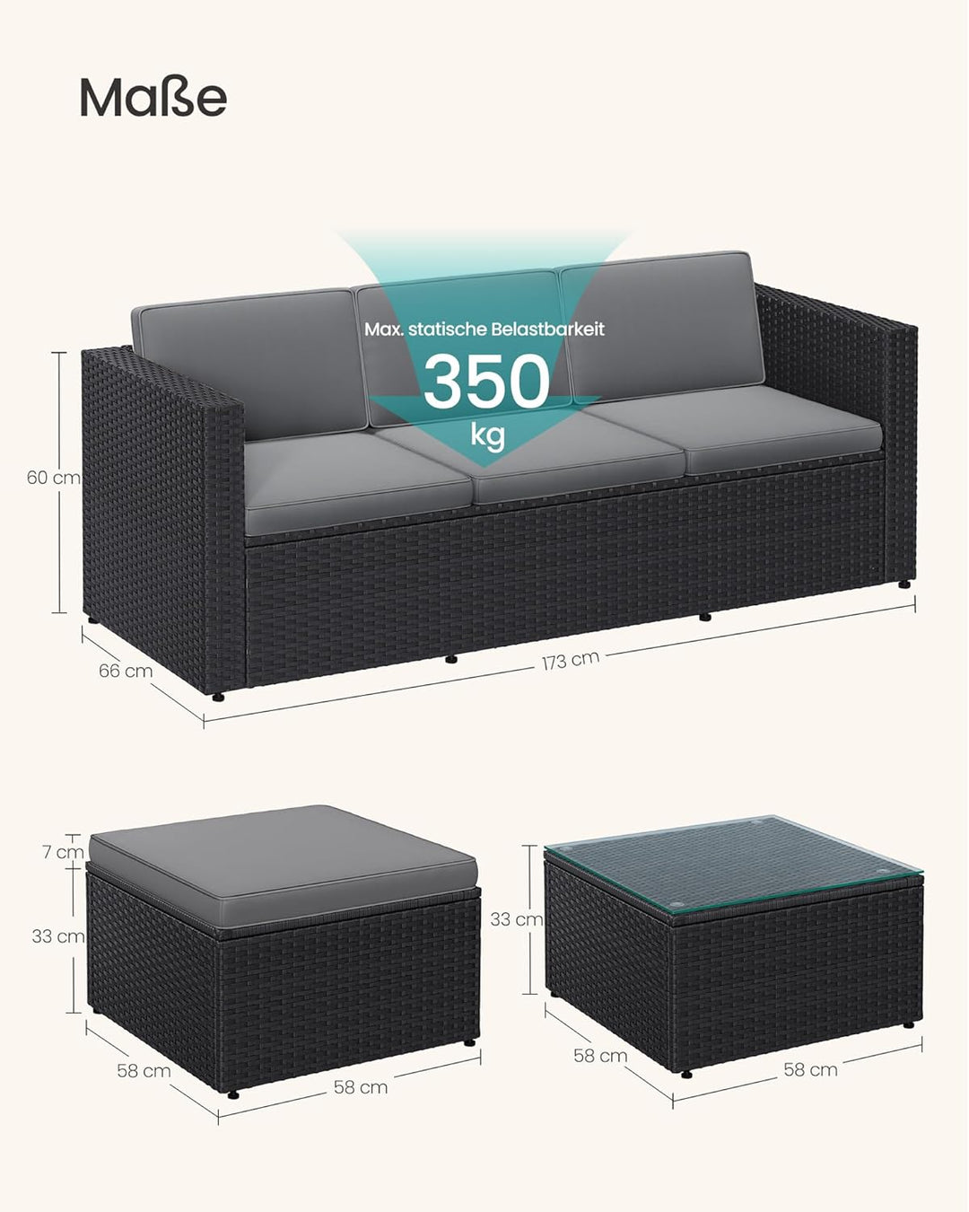 SONGMICS Gartenmöbel-Set, Balkonmöbel aus PE-Polyrattan, Terrassenmöbel, Ecksofa, Outdoor, handgeflo