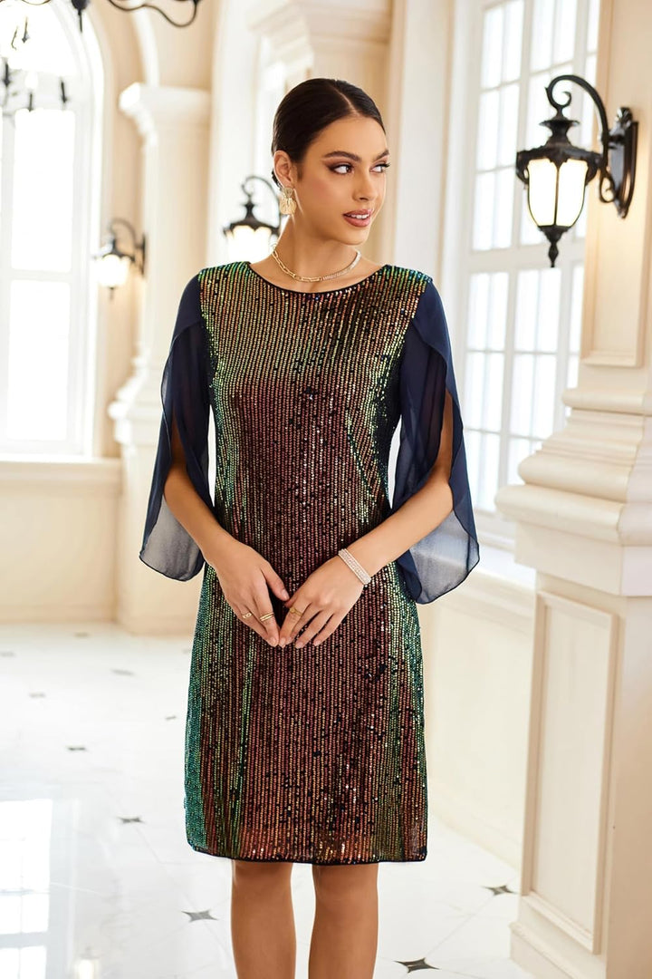 GRACE KARIN Damen Pailletten Kleid 3/4 Ärmel Party Cocktailkleid Club Glitzer Kleid Vintage MidiKlei