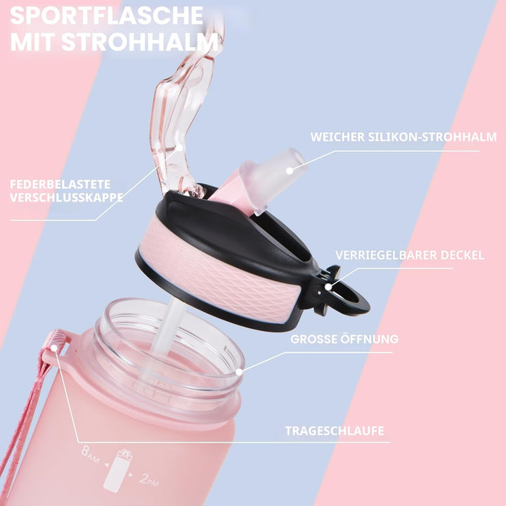 NAVTUE 1 Liter Sport-Wasserflasche mit Strohhalm und Zeitmarkierungen, auslaufsichere Tritan-Trinkfl