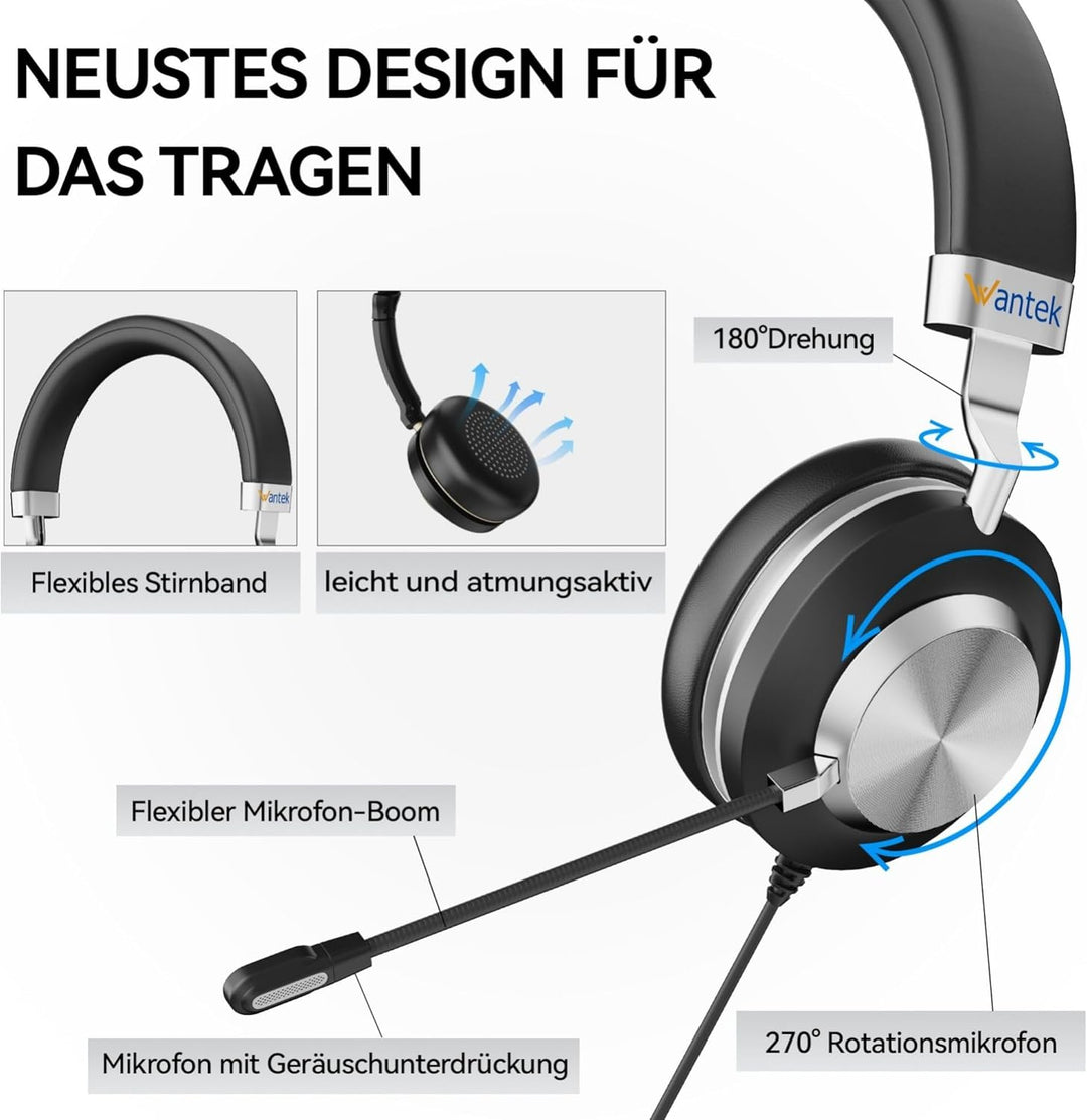 Wantek USB Headset mit Mikrofon für Laptop,PC kabelgebundene Kopfhörer 3-in-1 (USB-A/Typ-C/3,5 mm) m