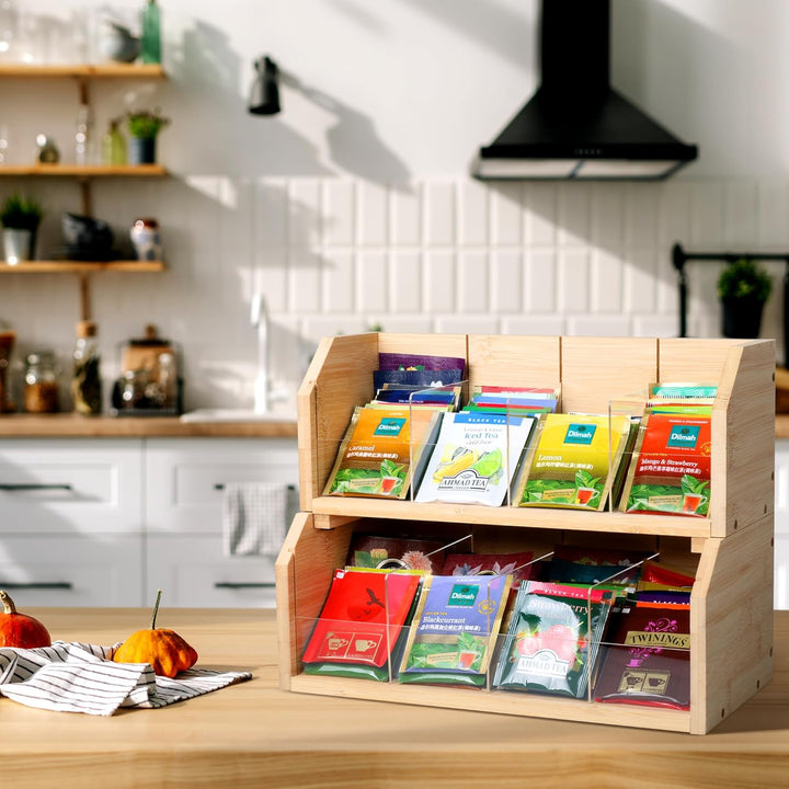 Teebox aus Bambus mit 8 Staufächern für 140 Teebeutel,2 Tier Vertikaler Tee Organizer,Teeboxen für T