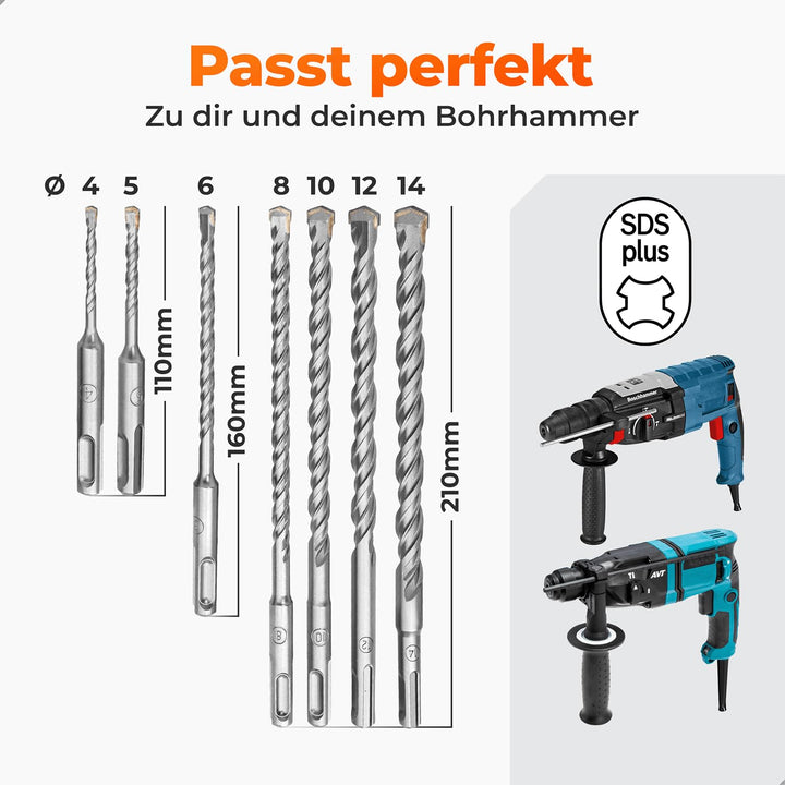 SDS Plus Bohrer Set für Beton [7tlg - Ø4-14 bis zu 210mm lang] - Langlebig und Robust aus 40CR Stahl