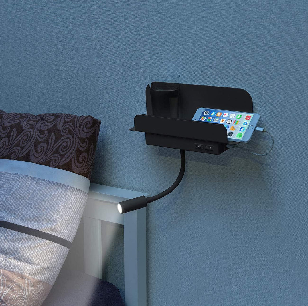 Carlo Milano Leselampe Bett: Wandregal mit Leselicht, Nachtlicht & USB-Ladeport, 445 Lumen, schwarz