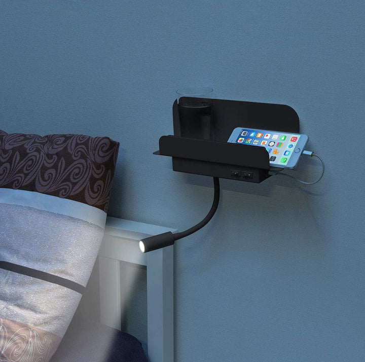 Carlo Milano Leselampe Bett: Wandregal mit Leselicht, Nachtlicht & USB-Ladeport, 445 Lumen, schwarz