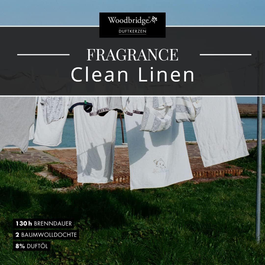 Woodbridge Grosse Duftkerze im Glas mit Deckel | Clean Linen | Duftkerze Frisch | Kerzen lange Brenn