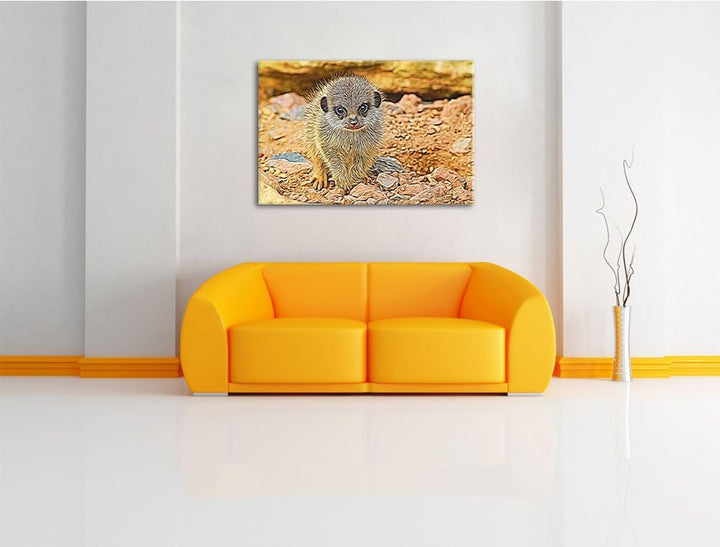 junges Erdmännchen zwischen Steinen Deluxe Format: 100x70 cm auf Leinwand, XXL riesige Bilder fertig