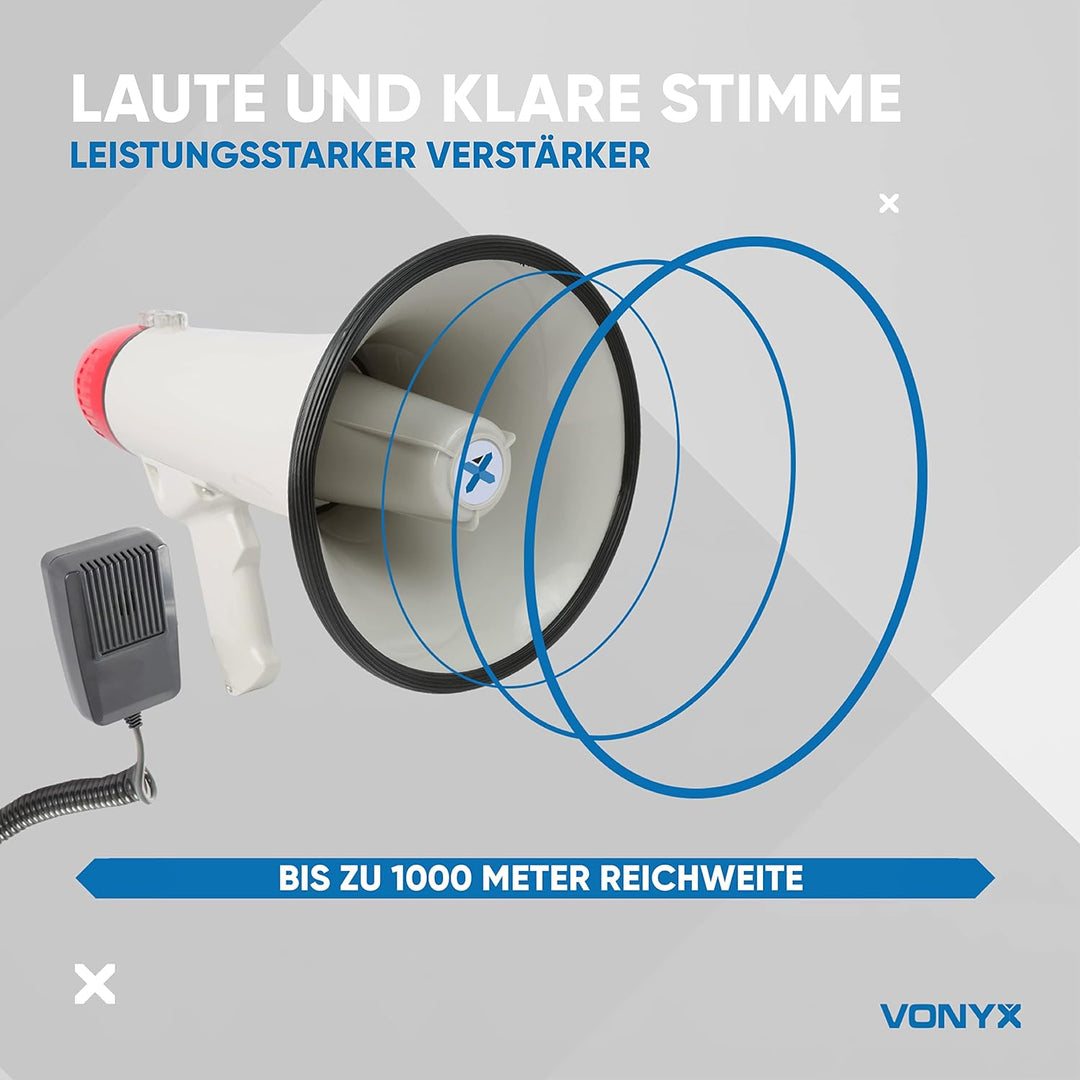 VONYX MEG040 Megafon mit Sirene und Aufnahmefunktion, 40 Watt lautes Megaphone, Party-Megafon, Sprac