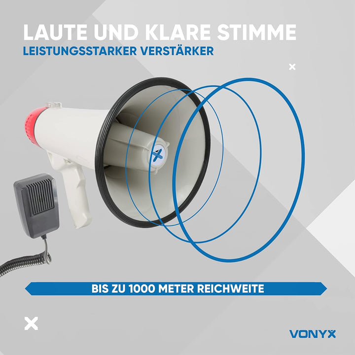 VONYX MEG040 Megafon mit Sirene und Aufnahmefunktion, 40 Watt lautes Megaphone, Party-Megafon, Sprac
