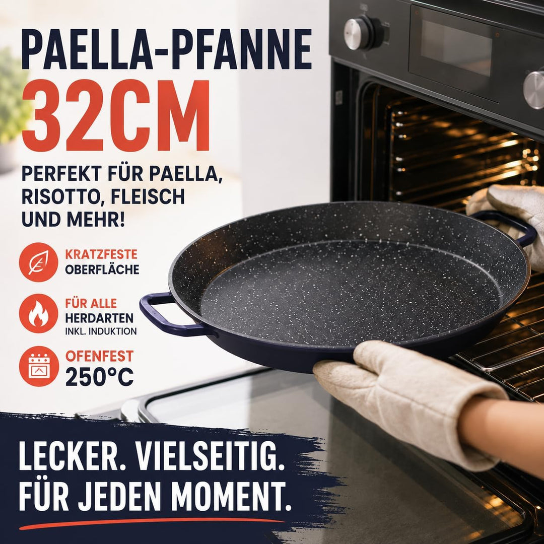 ROYAL SWISS Paella Pfanne 32 cm Schwarz, Aluminiumguss Paellera mit Marmor Antihaftbeschichtung, Ind
