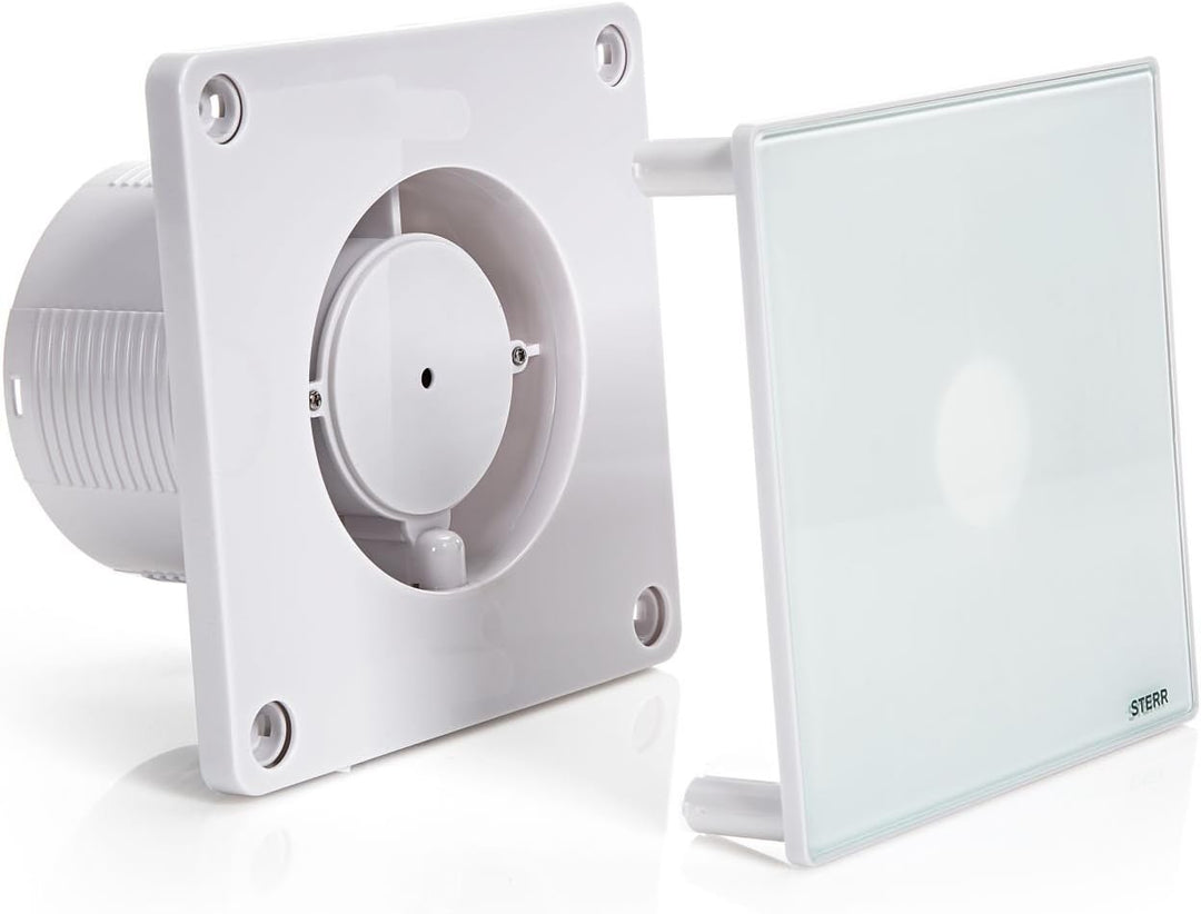 STERR Weisser Badlüfter 100 mm mit HYGROSTAT - Badezimmerventilator - Glasfront - Modernes Aussehen