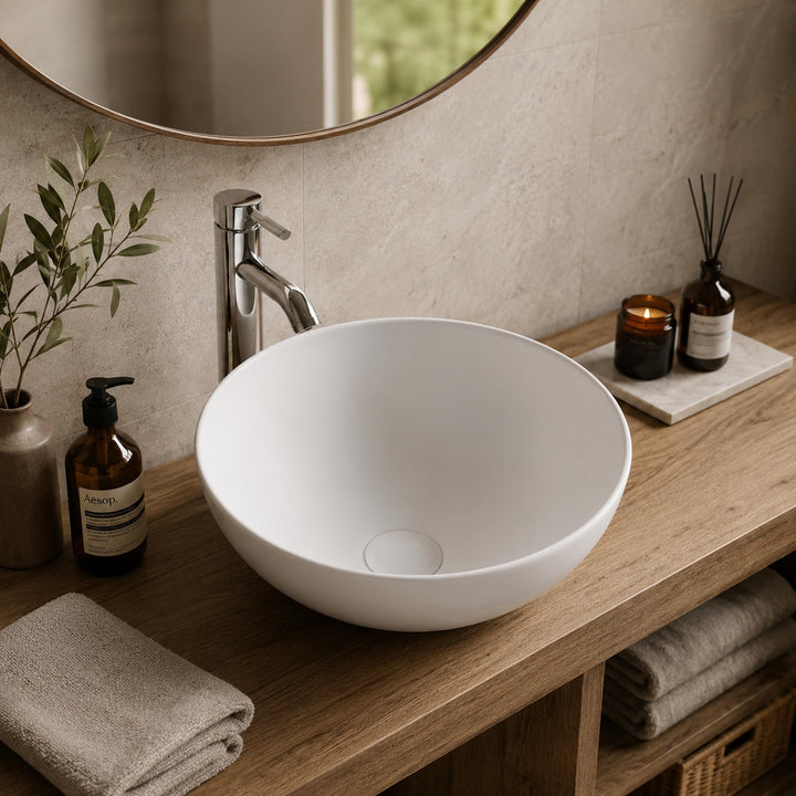 Art-of-Baan® Keramik-Aufsatzwaschbecken I Waschbecken mit Lotus-Effekt I Handwaschbecken Weiss I DIN