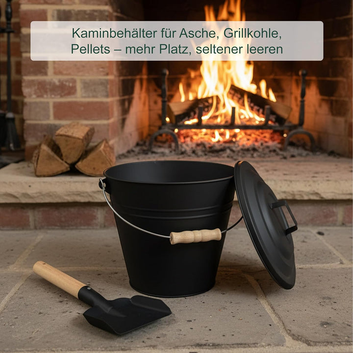 Relaxdays Ascheeimer mit Deckel, 10 Liter, inkl. Aschebesen & Kaminschaufel, Aschebehälter mit Henke