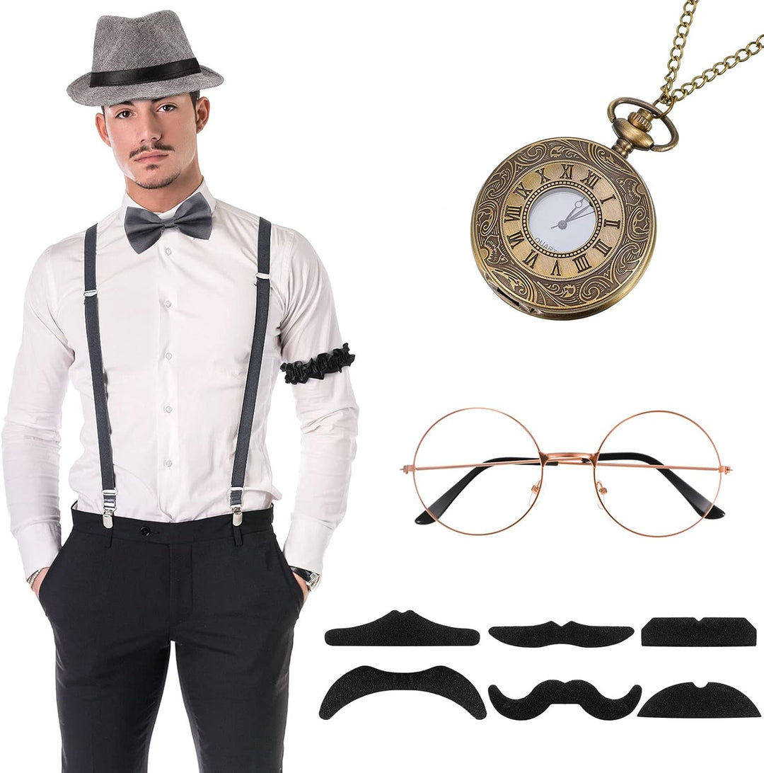 1920er Herren Kostüm Zubehör Set Roaring Retro Gangster Kostüm, Hut, Fliege, Krawatte, Taschenuhr, H