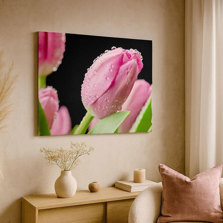 Bilder auf Leinwand 100x70cm Leinwandbild mit Rahmen Tulpe Blumen Tau Gross Wanddeko Bild Schlafzimm