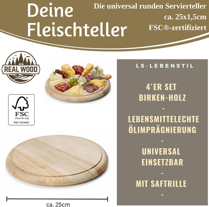 LS-LebenStil Holz Fleischteller 25cm Rund Nachhaltig 4er Set Birke FSC Schneidebrett mit Saftrille B