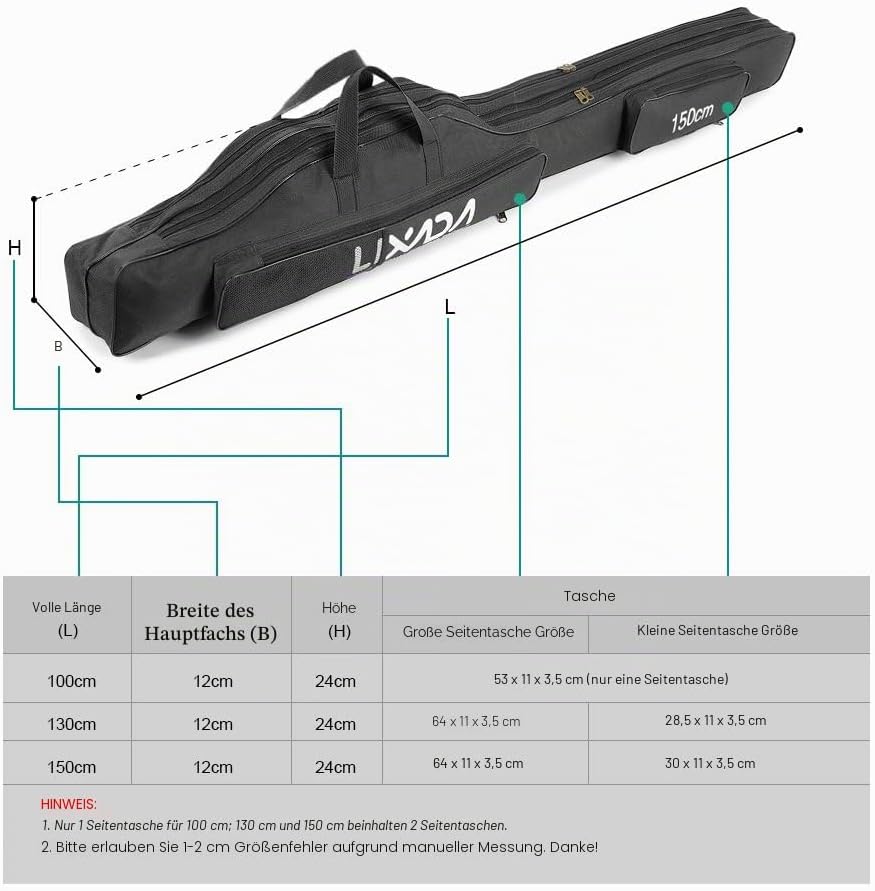 Lixada Angeltasche, tragbar, faltbar, für Outdoor-Angelrute, 100 cm/130 cm/150 cm Schwarz 150cm, Sch