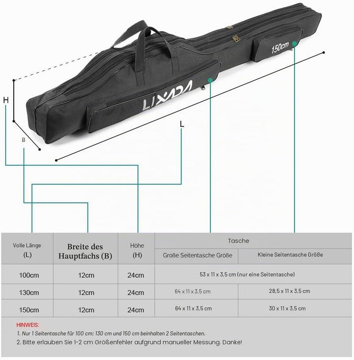 Lixada Angeltasche, tragbar, faltbar, für Outdoor-Angelrute, 100 cm/130 cm/150 cm Schwarz 150cm, Sch