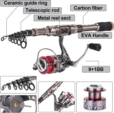 Sougayilang Angelrute und Rolle Combos, Kohlefaser Teleskop Angelrute 12 +1 BB Spinning Reel mit Tra