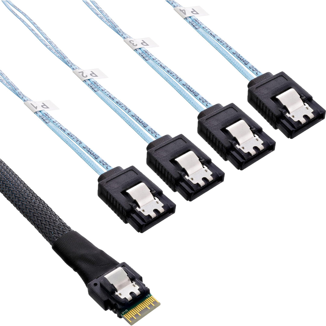 InLine Slim SAS Kabel, SFF-8654 4i zu 4x SATA 7-pin, 12Gb/s, 1m, interne Verbindung für SAS Controll