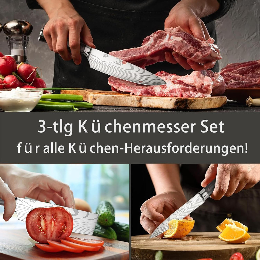 Messerset 3-tlg Küchenmesser Set aus Hochwertigem Carbon Edelstahl, Profi Messer Set mit Chefmesser