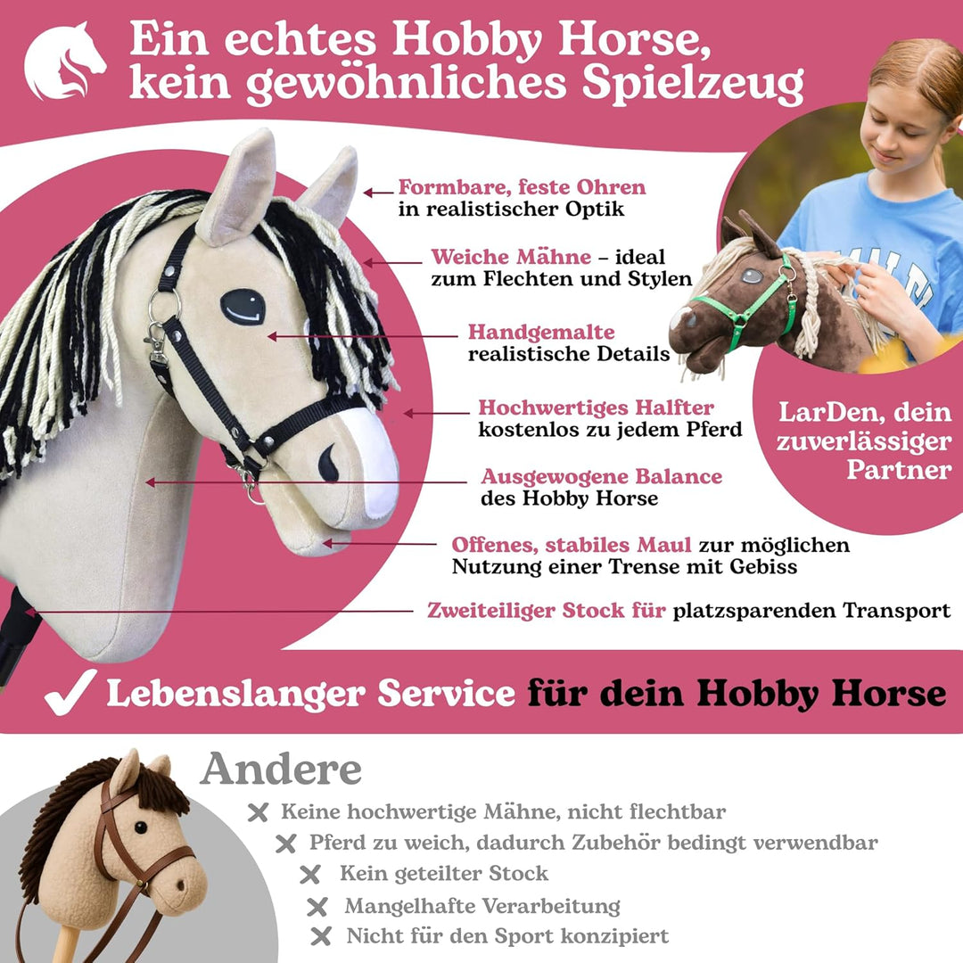 LarDen Hobby Horse Aurora mit schwarzem Halfter M, Stockpferd Für Kleine, HANDGEFERTIGTES Grosse Kin