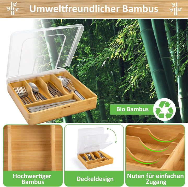HIMAugbo Besteckkasten Mit Deckel für Schubladen aus Bambus, Besteckeinsatz fur Küchen für Löffel, G