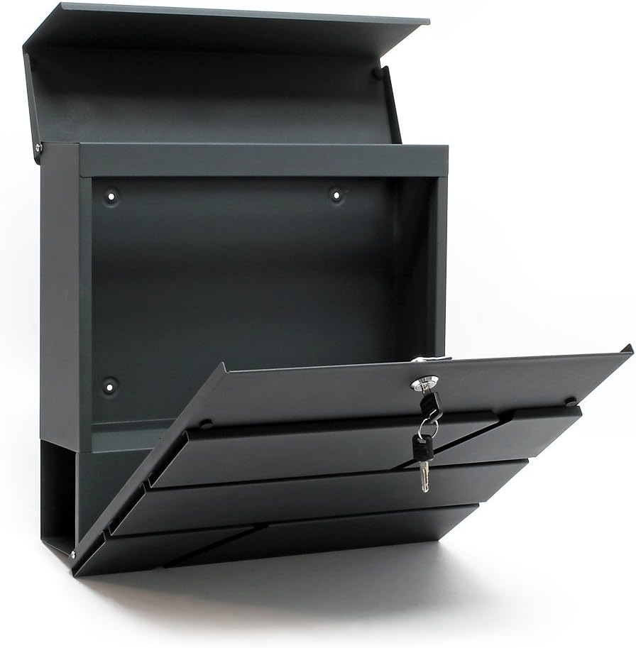 Wiltec Briefkasten Set V14 Anthrazit mit Ständer, Wandbriefkasten mit Schloss und Zeitungsrolle, Pos