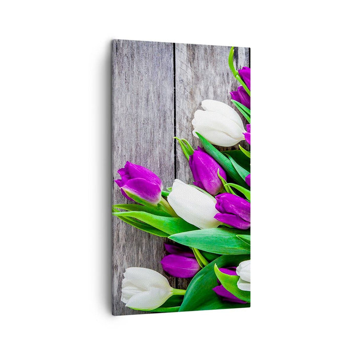 Bilder auf Leinwand Tulpen Holz Blumenstrauss Blumen Leinwandbild mit Rahmen 45x80cm Wandbilder Deko