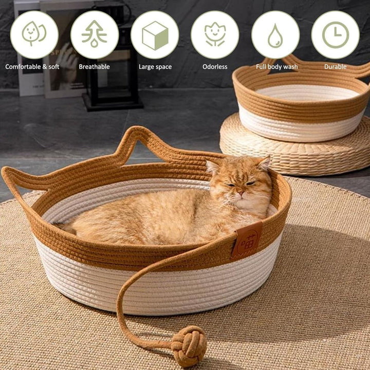 MEISO Katzenbett aus Baumwolle, handgewebt, Korb mit Spielzeugschwanz, faltbar und atmungsaktiv (S),