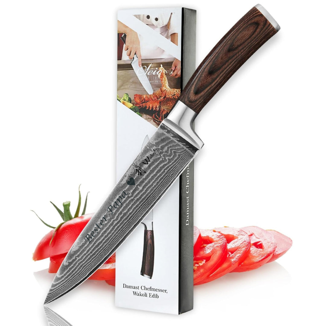 Wakoli EDIB Damast Chefmesser mit Gravur – Personalisiertes Messer, 20cm Klinge aus 67 Lagen Damasts