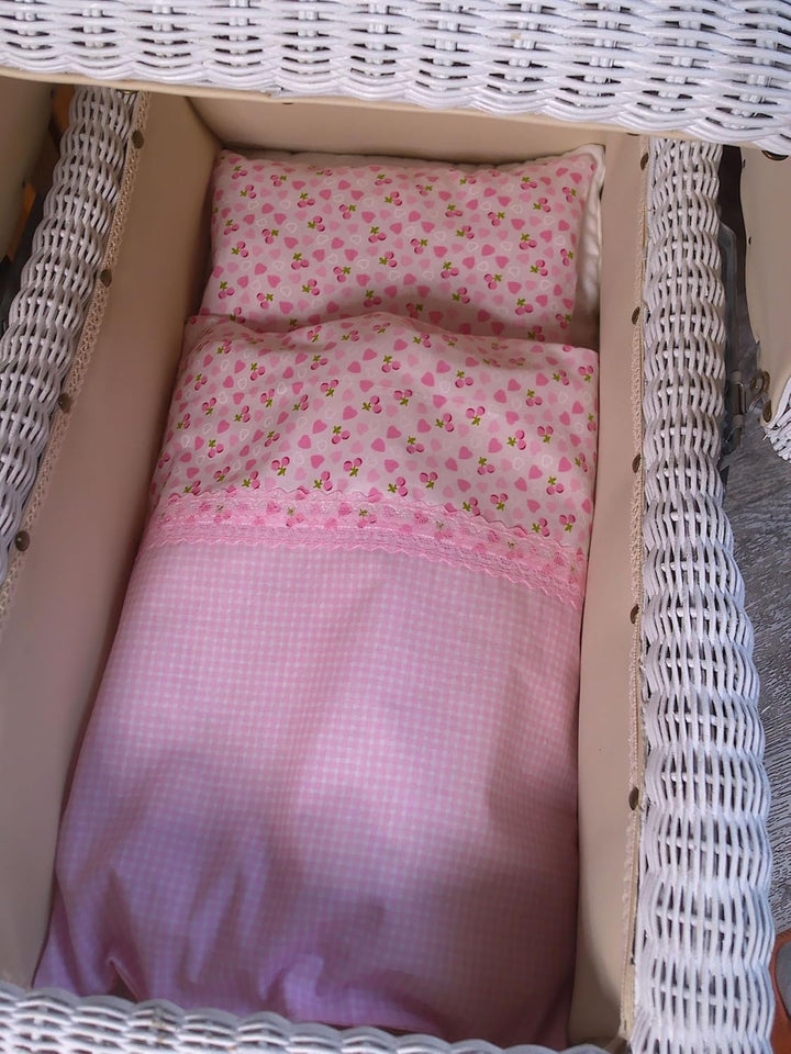 Puppenbettwäsche rosa Herzchen-Design, 4 Variaten, für Puppenwagen,-bett oder Puppenbuggy (Spitze),