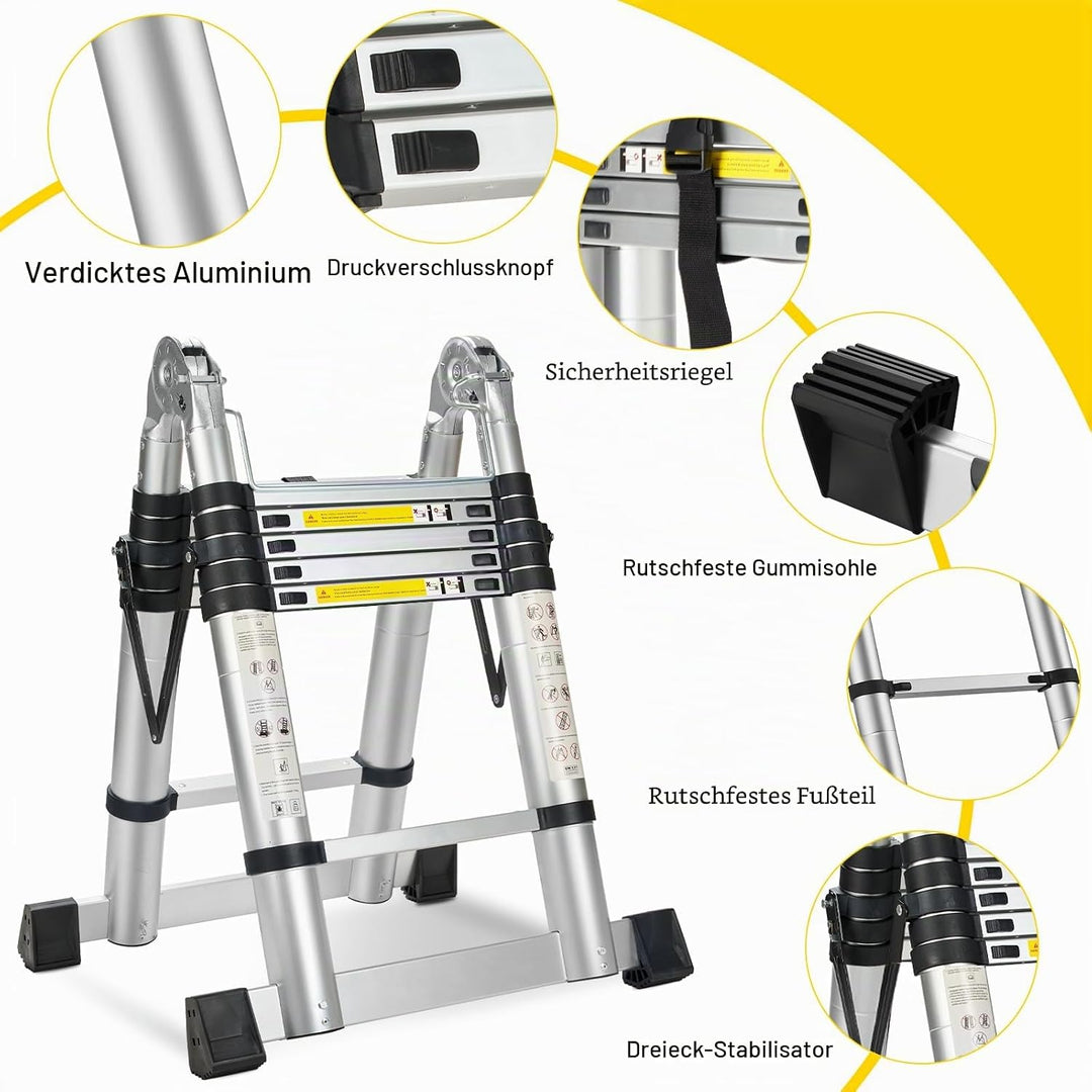 STANEW Teleskopleiter 3,8 m (1,9 + 1,9), Klappleiter, 2-in-1, Teleskopleiter aus Aluminium, Klapplei