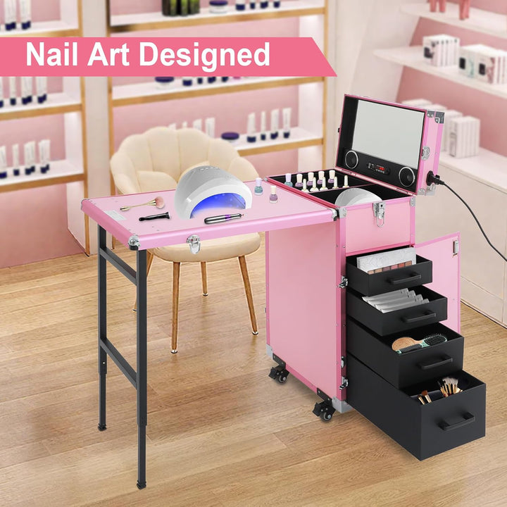 Nageltisch Maniküretisch, Faltbar Mobile Rolling Maniküre Tisch mit Fernbedienung und Make-up-Zug Ko