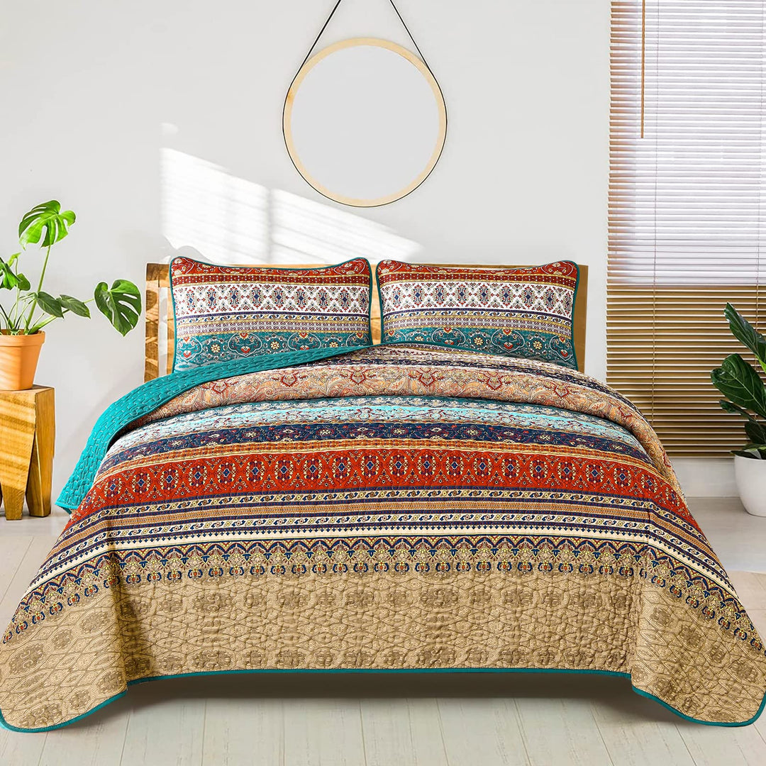 WONGS BEDDING Tagesdecke 220x240 Bettüberwurf Boho Decke Steppdecke 3 Teilig Doppelbett Gesteppt Bet