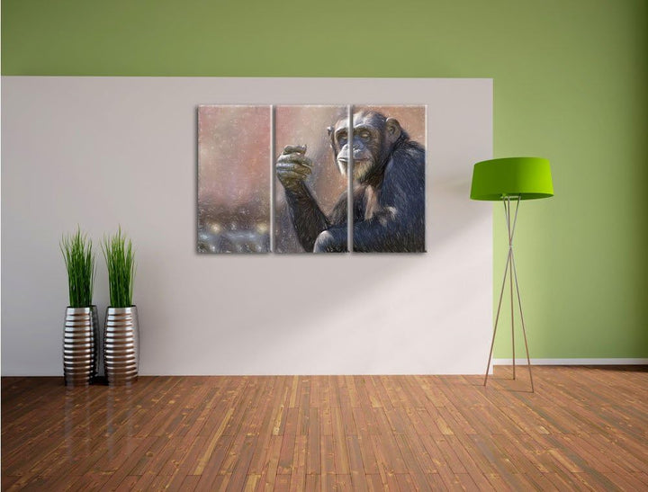 Pixxprint Aufmerksamer Schimpanse Kunst Buntstift Effekt 3-Teiler Leinwandbild 120x80 Bild auf Leinw