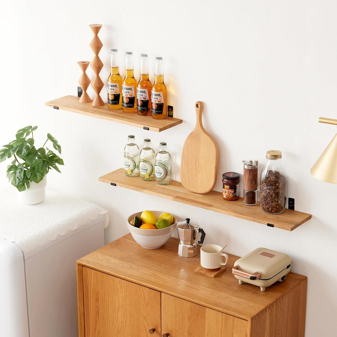 TREOAKWIS Schweberegal aus Eiche Massiv, Wandregal Holz Regale 90cm Wandboard für Badezimmer, Schlaf